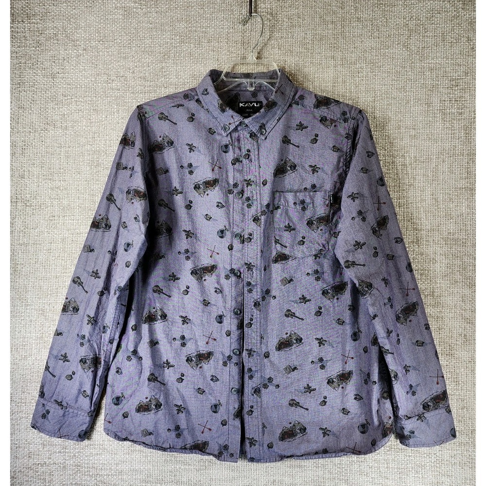 KAVU 100% Cotton Outdoors Shirt Button Down Mens L Camping Hiking Print